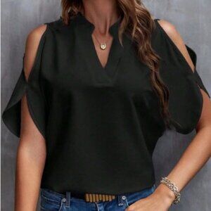 Womens Black Notched Cold Shoulder Blouse XXL